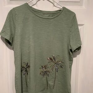 Talbots Olive Green Tee Shirt with Palm Trees